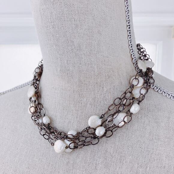 Multi-Strand Pearl Necklace on Oxidized Silver Chain, Boho Style, 13.5" - 16.5" - Picture 2 of 9